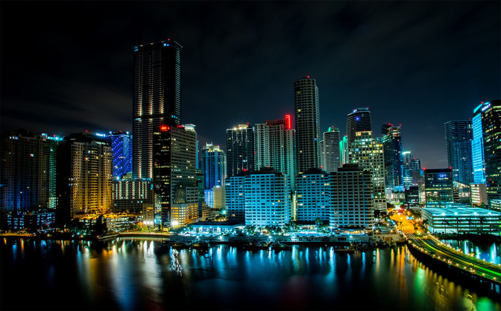Miami illuminated skyline at night